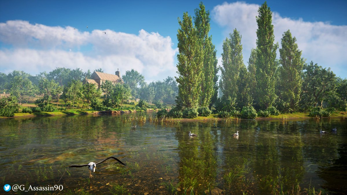An in-game photo of Assassin’s Creed Valhalla by G_Assassin90 on Twitter. The photo shows a curving, shallow riverbed that rounds a bend filled with tall greenery. Several waterfowl float lazily on the water. Beyond is a regal, multi-story building with a second story and rooftop that peeks over the treetops. The sky is a rich blue with several massive clouds.