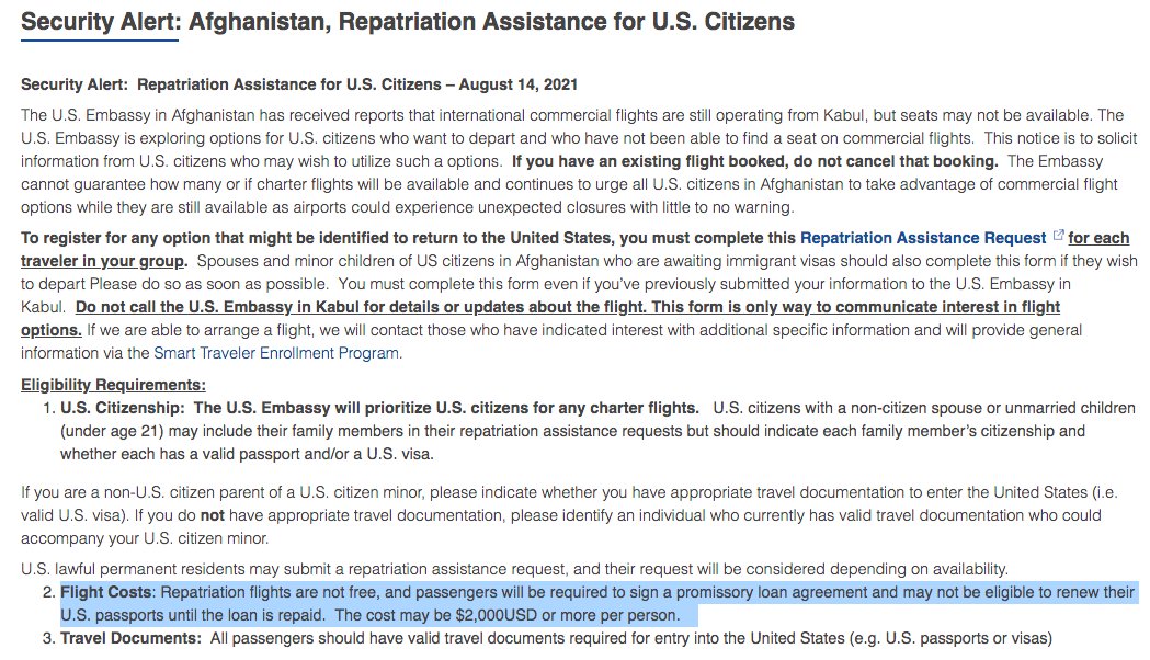 JerryDunleavy's tweet photo. State Dept's Overseas Security Advisory Council said Aug. 14: "Repatriation flights are not free, &amp; passengers will be required to sign a promissory loan agreement &amp; may not be eligible to renew their U.S. passports til the loan is repaid. Cost may be $2,000 or more per person." https://t.co/2pPo3n64dJ