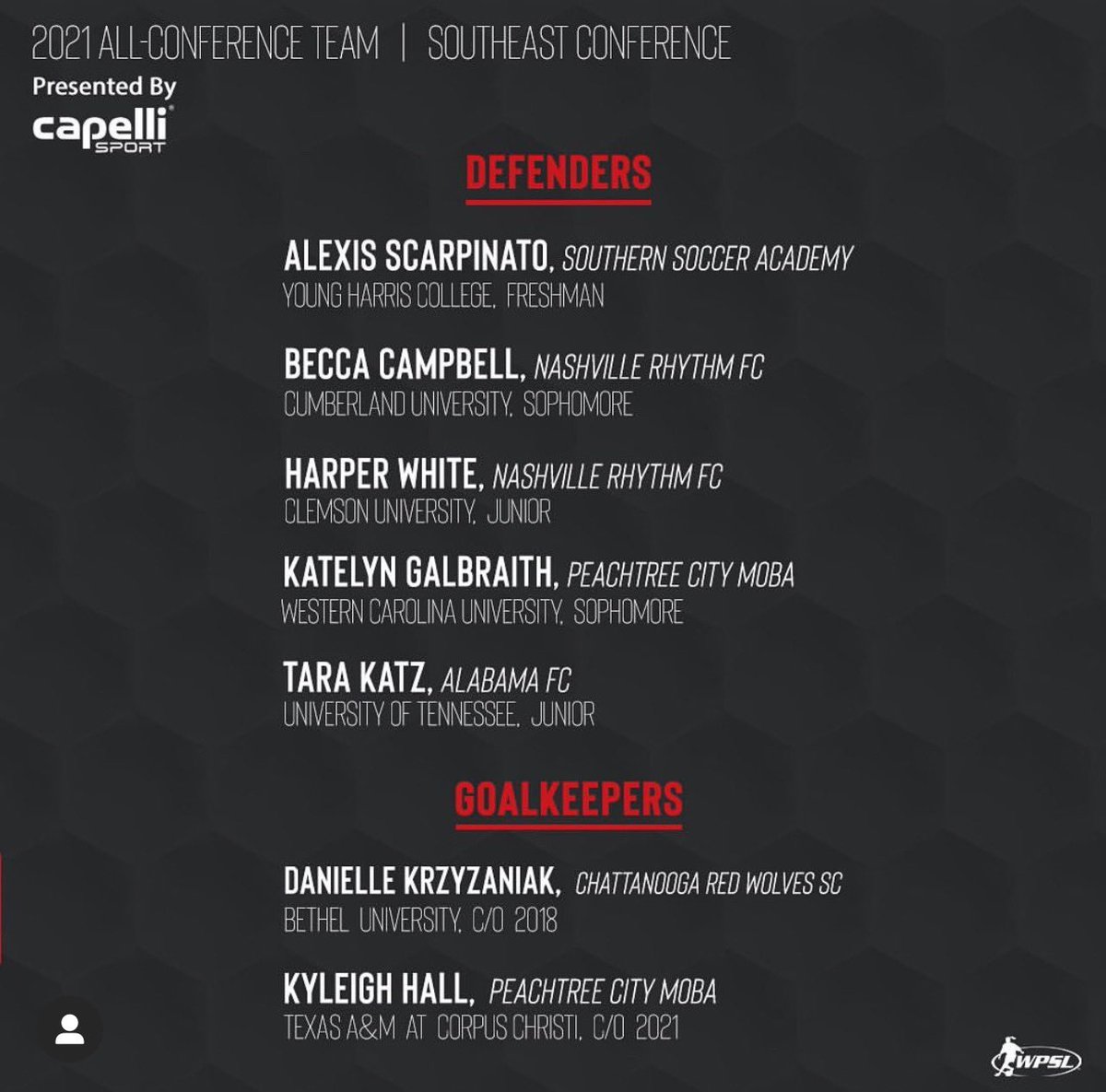 SOUTHEAST CONFERENCE - ALL CONFERENCE Team
⠀
Congratulations to @alexisscarp <a href="/santanapressley/">santanapressley@Gmai</a> and @awetherington from our Southern Soccer Academy @wpsl team. They were named in the WPSL SOUTHEAST All Conference team.
⠀
#iplayssa #ssaelite #ssasoccer