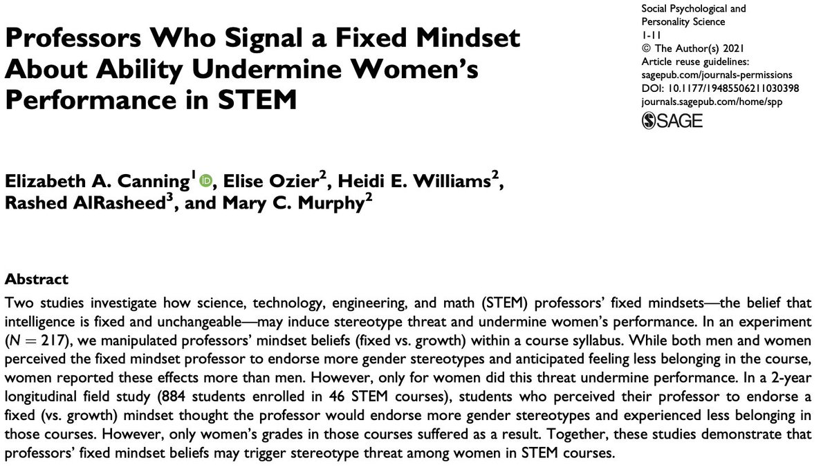 Are you rushing to finish your syllabus? Consider adding some growth mindset language! Our new paper out this week in SPPS shows that faculty who signal a growth mindset about ability narrow gender gaps in STEM. Here's what we found: 1/ tinyurl.com/6zfyp4s4