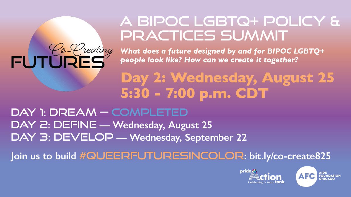 AIDSChicago's tweet photo. Day 2 of @PrideActionTank summit is open to all builders to define solutions that support the possibilities for Chicago's BIPOC community to see themselves whole. We're moving and creating in abundance. Join us in building #QueerFuturesInColor
https://t.co/ZwW56KnIaH https://t.co/dQmGHYY8Zv