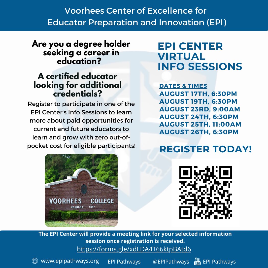 Join The Center of Excellence for Educator Preparation and Innovation for our virtual info session on Monday, August 23rd @ 9am via Zoom. Scan the QR code or visit the registration form link below &amp; register today!