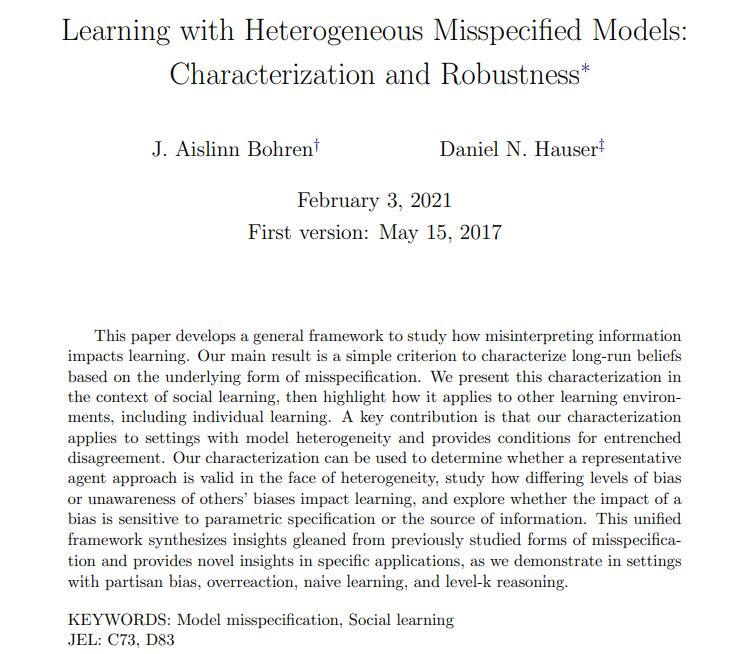 How does learning depend on peoples’ models of information and others' prefs/beliefs? Presents general framework for predicting how people learn when they have different models + biases. Characterizes long-run beliefs &amp; whether they perpetually disagree econometricsociety.org/publications/e…