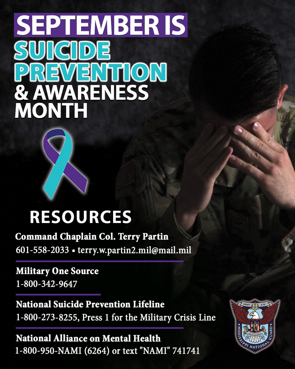nationalguardMS's tweet photo. September is Suicide Prevention and Awareness Month, but resources are available all year.
If you or someone you know is going through difficult times or struggling with mental health, reach out to any of these resources listed below.
YOU ARE NOT ALONE!
#MSNG #MSARNG #MSANG https://t.co/VWBvsVjzSP
