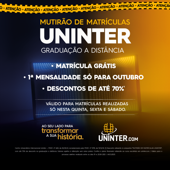 Adivinha quem TÁ ON? 😍
É, ele mesmo, nosso Mutirão de Matrículas! Mas, como tudo que é bom dura pouco, essa campanha relâmpago tem data e hora pra acabar, viu? 😉

Inscreva-se em uninter.com 💻

#Uninter #Unepi #graduacao #joaopessoa #graduacao #pb #ead