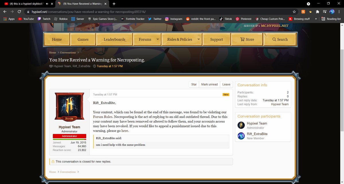 FExtrabite's tweet photo. why did i get banned? i said (i need help with the same problem) like @HypixelNetwork @Simon_Hypixel can you please msg me on twitter what i did wrong and if i did nothing wrong please unban me.

Thanks Rift ExtraBite https://t.co/Vy15EcNSwM