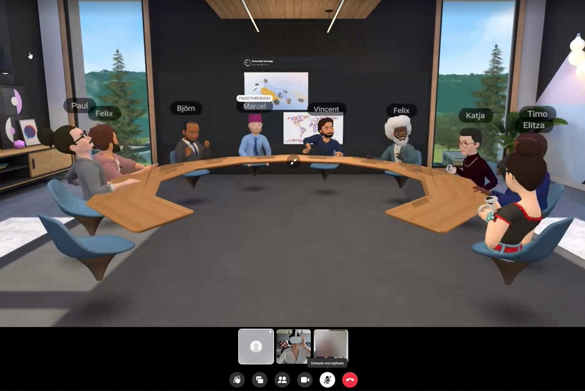 We spontaneously moved a company meeting to Horizon Workrooms (beta released today) –

It took only ~20min (surprisingly!) to onboard 12 people (10 in VR with desktop sharing, 2 via webcam) to it, and run a meeting where everyone shared their screens, scribbled, and discussed. /