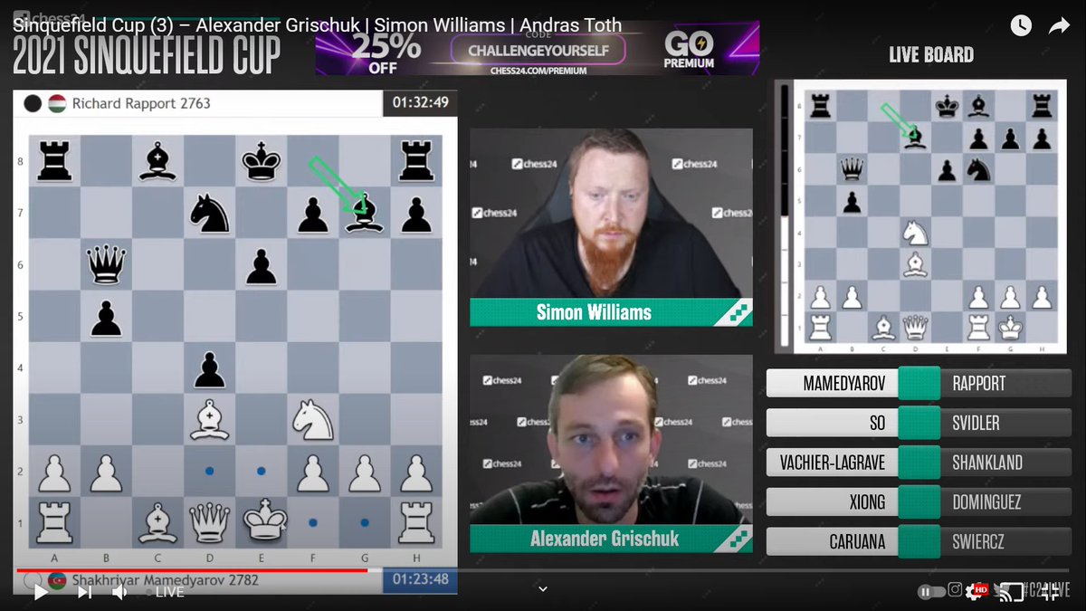 TUUR1's tweet image. Sacha Grischuk sure knows his #Chessclassics remembering Botvinnik-Euwe 1948! But few will know that 75 years ago Kottnauer, British citizen to be, twice spectacularly beat Kotov from this position, 2nd time in tomorrow’s round 6 in historic #Staunton1946 #c24live #SinquefieldCup