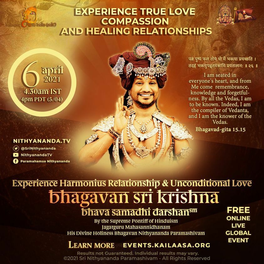 avatarautobio's tweet photo. EXPERIMENTA LAS RELACIONES &amp; EL AMOR INCONDICIONAL EN ARMONÍA 

Con El Supremo Pontifíce de Hinduismo Jagatguru Mahasannidhanam 

Su Divina Santidad Bhagavan Nithyananda Paramashivam 

ES UN EVENTO GLOBAL GRATUITO ESTARÁ TRANSMITIDO EN DIRECTO EL MARTES … https://t.co/rrXPNCk0RE https://t.co/wFyBj7Pe0p