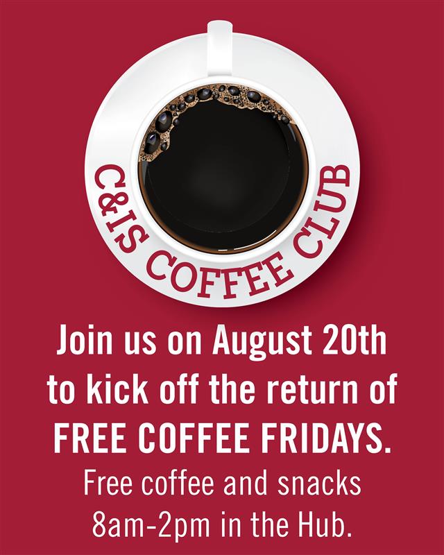 Free coffee? Yes, please! ☕️ Faculty, staff and students are invited to swing by the Hub tomorrow from 8 a.m. to 2 p.m. for the return of Free Coffee Fridays. We can’t wait to see you there!