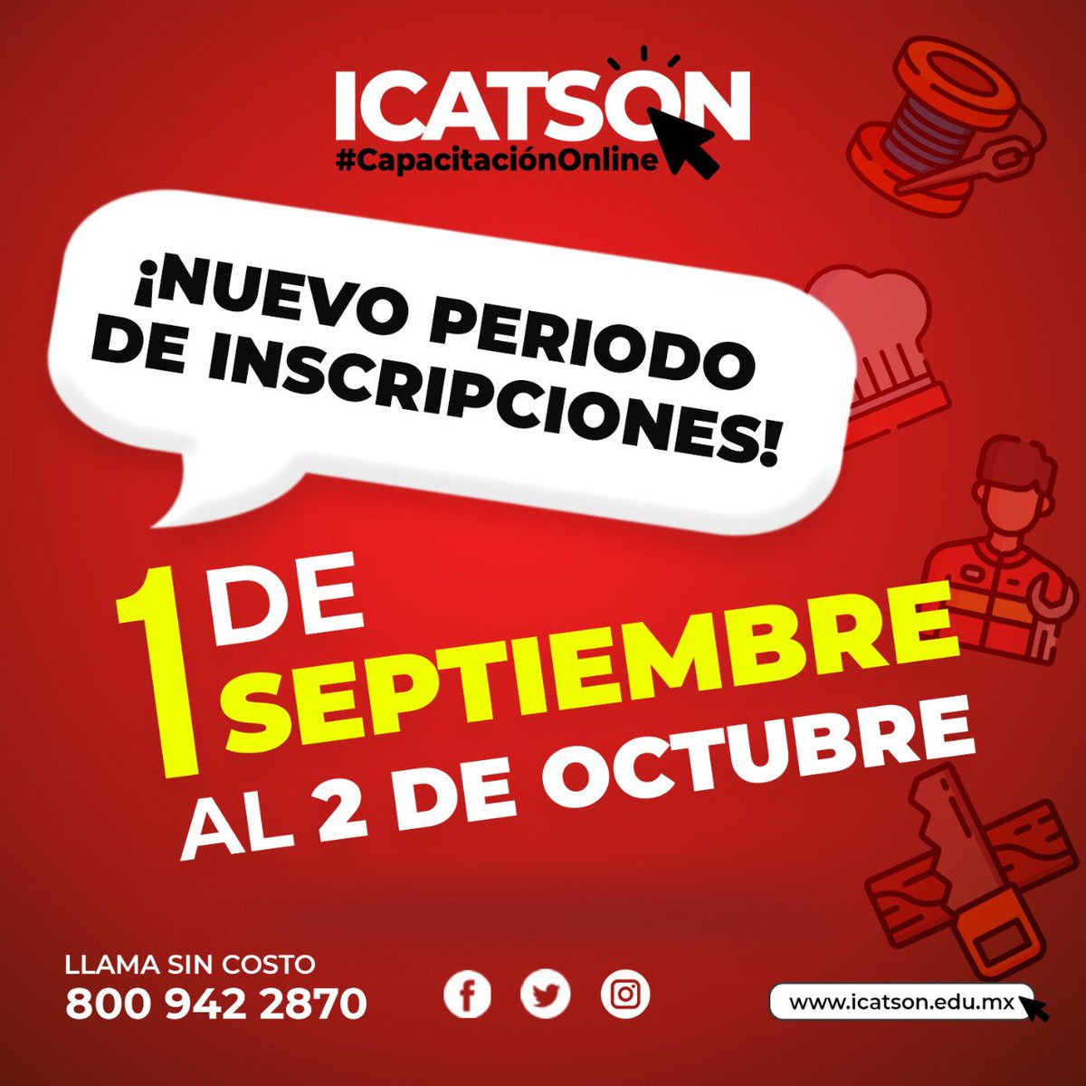 ¡Prepárate📢! A partir de septiembre podrás inscribirte a los cursos en línea que #Icatson tiene para ti, solo llama a la lada sin costo 800 942 2870 o escríbenos a través de nuestras redes sociales.