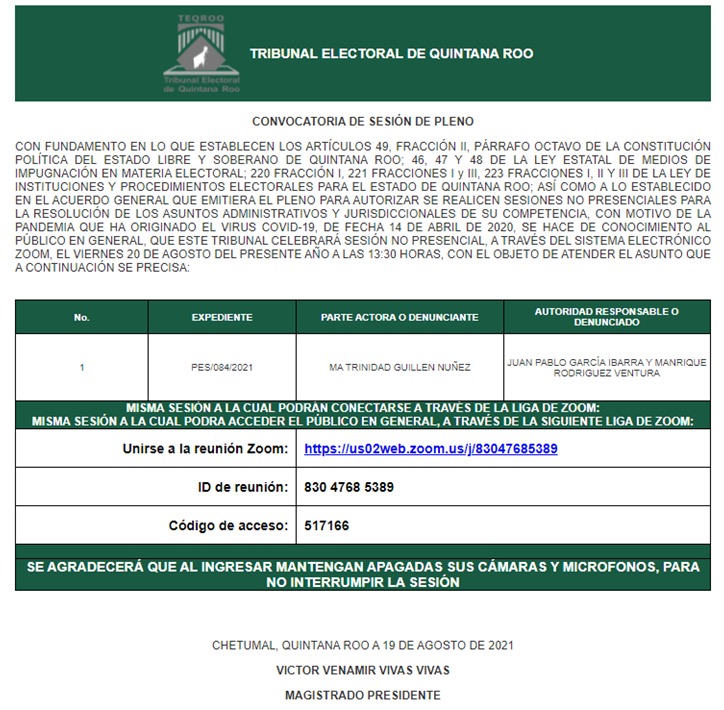 TEQROO_Oficial's tweet image. #AvisoComplementario | El pleno del Tribunal Electoral de Quintana Roo atenderá un asunto más en la sesión convocada para este 20 de agosto de 2021 a las 13:30. 

Se anexan los asuntos a atender: bit.ly/3mhpGdp