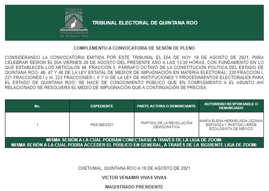 TEQROO_Oficial's tweet image. #AvisoComplementario | El pleno del Tribunal Electoral de Quintana Roo atenderá un asunto más en la sesión convocada para este 20 de agosto de 2021 a las 13:30. 

Se anexan los asuntos a atender: bit.ly/3mhpGdp