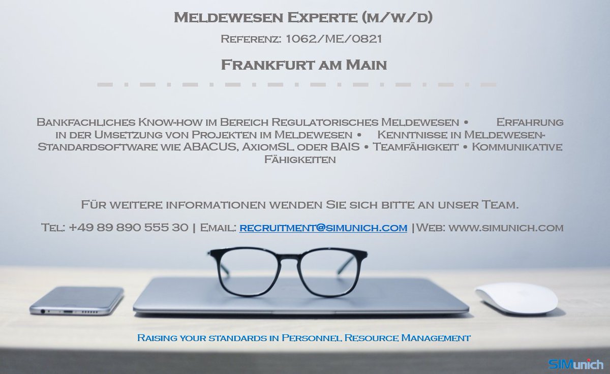Unser Kunde sucht ein Meldewesen Experte (m/w/d) für Standort Frankfurt am Main. Vollständige Informationen auf unserer Website: simunich.com/job/meldewesen… - #MeldewesenExperte #Banking #Meldewesen #Experte #FrankfurtamMain #SIMunich