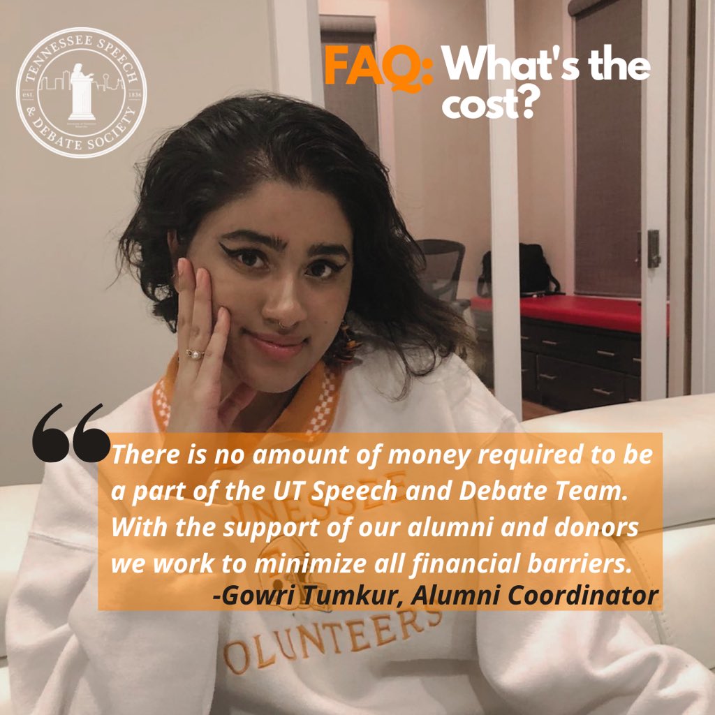 utkdebate's tweet photo. 4th FAQ: What’s the cost? - Watch below where our Alumni Coordinator, Gowri Tumkur, discusses how we use our alumni and donor support to help you! 

#utk #newvols #volsdebate #VFL #utknoxville #OneTeam #OneFamily #OneWin #recruitment #speechanddebate https://t.co/zfhWNmCSOH