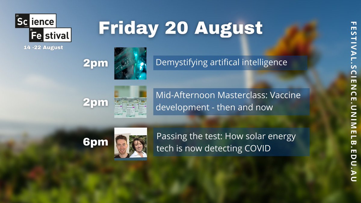 For our final day of Science Festival learn about artificial intelligence, vaccine development and how scientists are using solar energy tech to detect COVID! More info 👉 festival.science.unimelb.edu.au