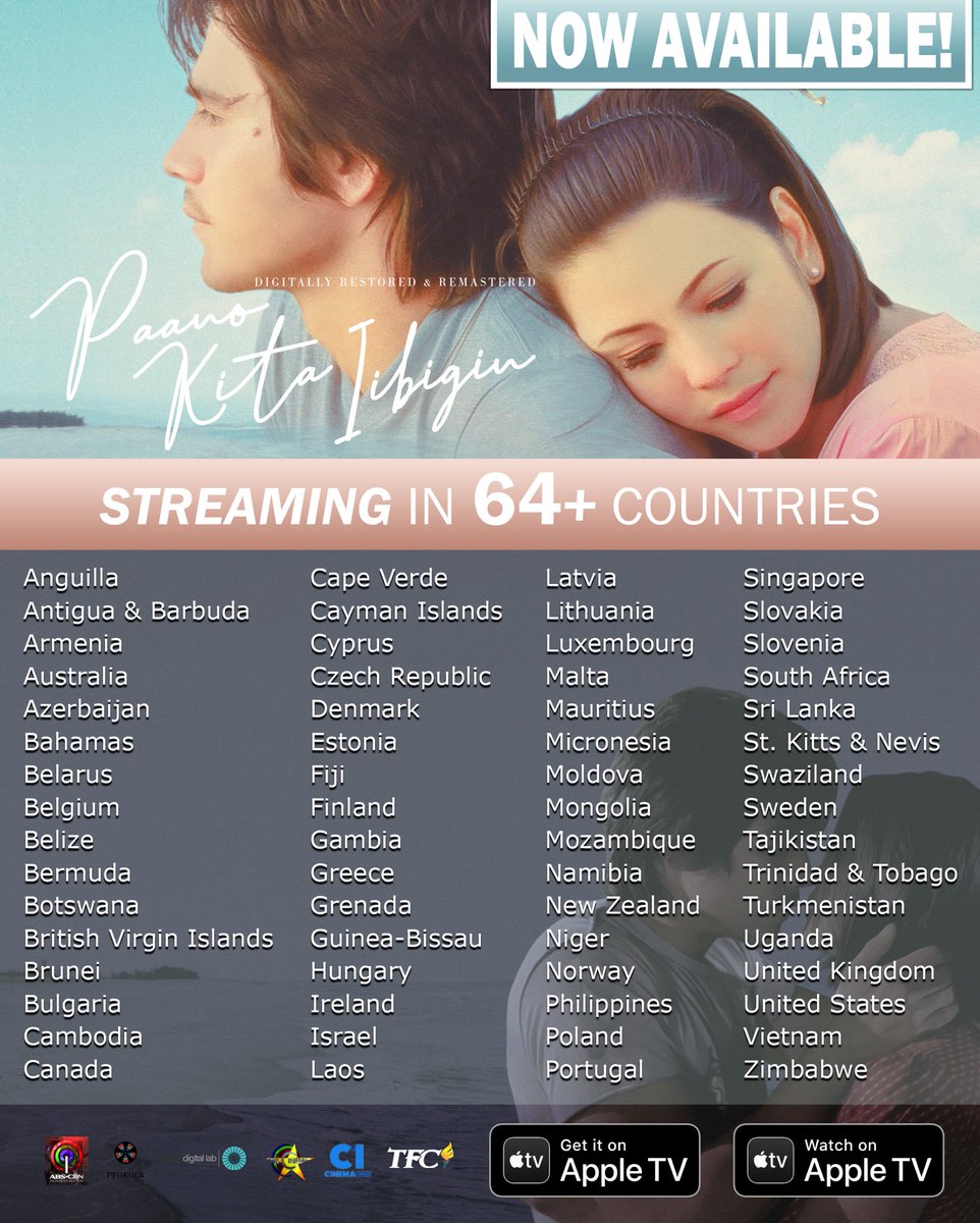 lpk325's tweet photo. Piolo and Regine’s PAANO KITA IIBIGIN is now on Apple TV / iTunes. Relive the emotional highs and lows which made this one time cinematic pairing so memorable. Own it now. #sagippelikulaisangdekada #abscbnfilmrestoration #abscbnitunes #sagippelikula https://t.co/BnAn9JN5yX