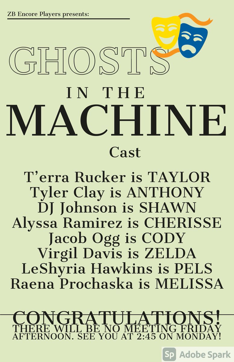 EncoreZb's tweet photo. Congratulations cast! No meeting on Friday. See you Monday after school in the PAC! @ZionBenton https://t.co/LcBtOBPtKO
