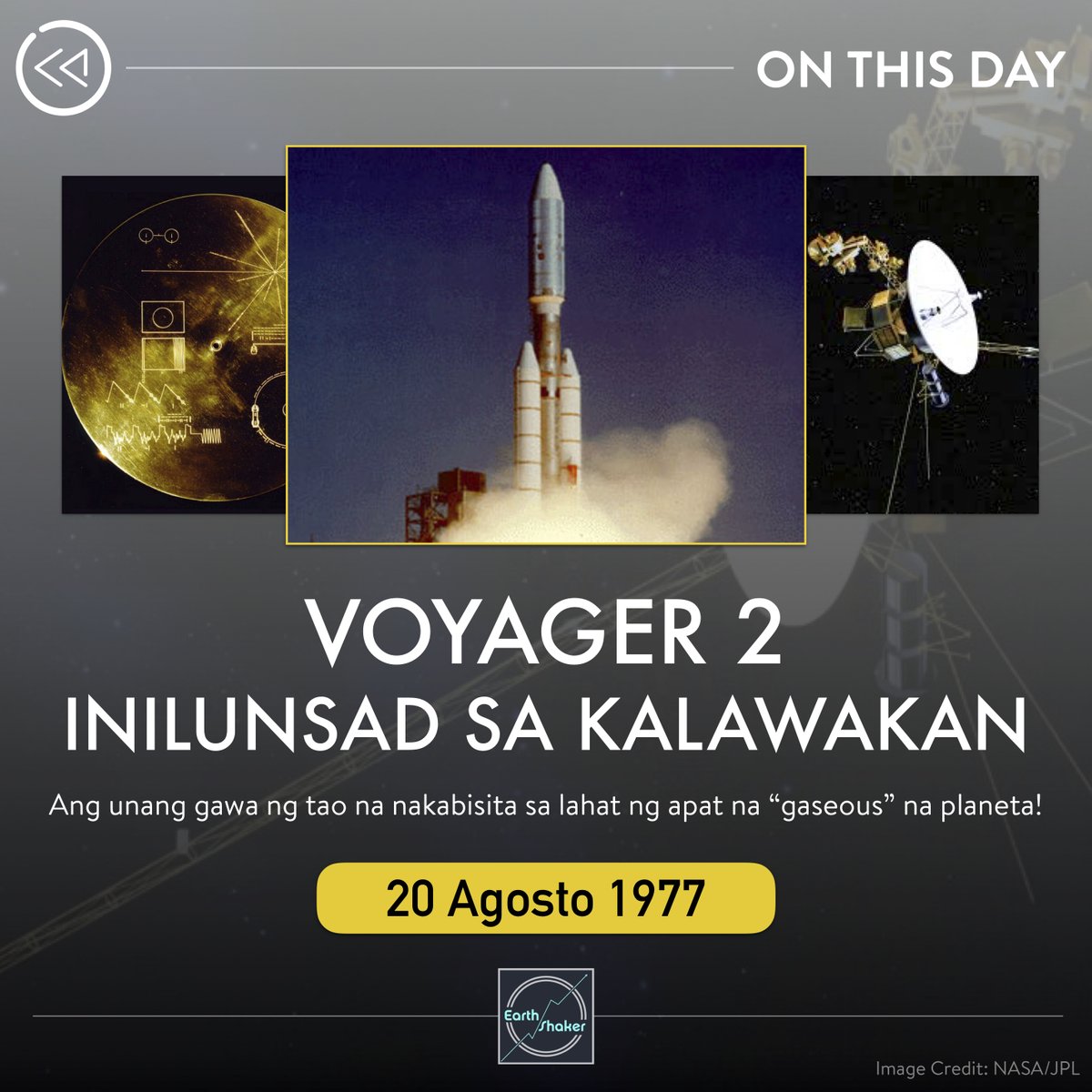 earthshakerph's tweet photo. #AstroOTD VOYAGER 2: ANG SIMULA NG PAGLALAKBAY🚀
Ngayong araw ay 44 taon nang naglalakbay ang @NASAVoyager 2! Ito ang tanging spacecraft na nakalapit sa Jupiter, Saturn, Uranus, at Neptune, at ang ikalawang na umabot sa "Interstellar Space".
Basahin:https://t.co/Ious5c848e https://t.co/AggixTMqjZ