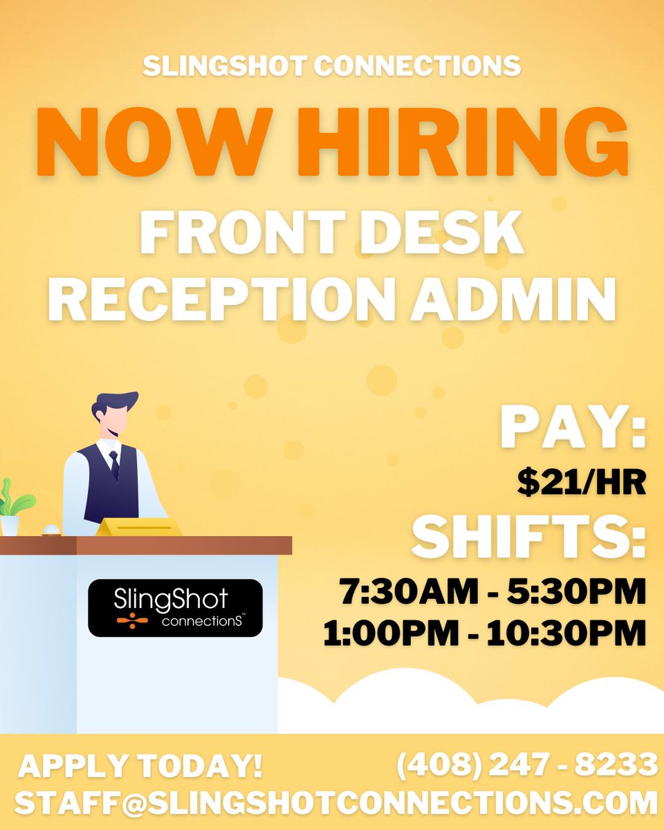 JenniferEPerez's tweet photo. Looking for a short-term gig to earn extra cash?  Call us now!

We are looking to hire 30 Front Desk Admin for a well-known University in the Palo Alto area.  Hours are 7:30a.m. to 5p.m..  Sept. 11 to 19th.

Call our office NOW at 408-247-8233! https://t.co/ZGbJxiFKkp