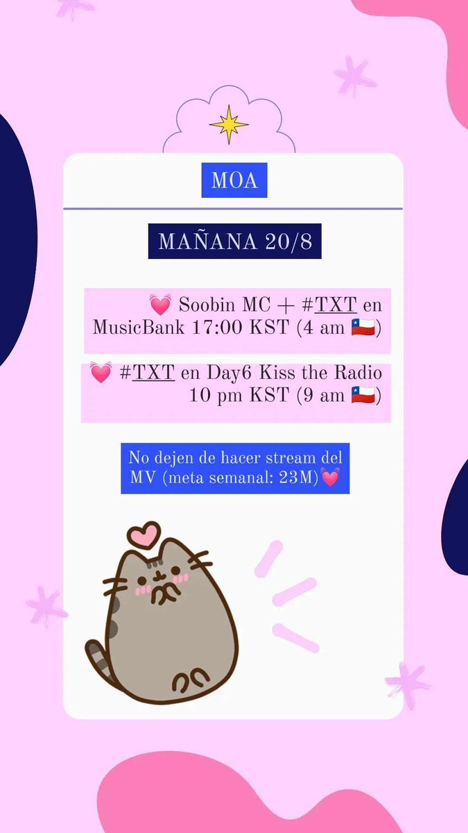 TXTOficialChile's tweet photo. ❗Mañana!
MOA, no se desmotiven y apañen con el stream del mv y el álbum 💔 aún tenemos la meta semanal (23M) 💖

@TXT_bighit @TXT_members #FIGHT_OR_ESCAPE ✨ https://t.co/PvsF3UkfTg