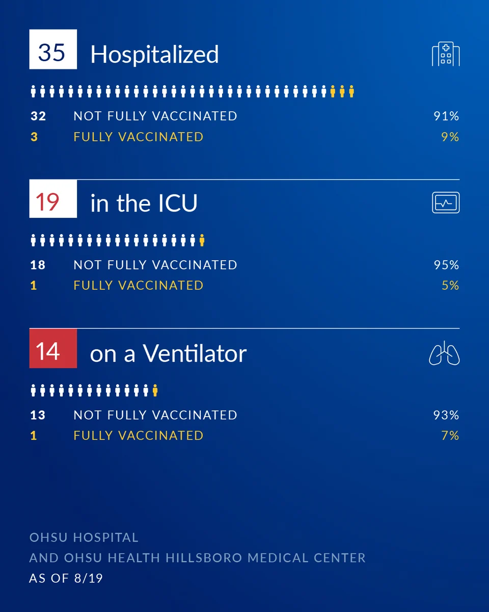 35 hospitalized
32 not fully vaccinated 91%
3 fully vaccinated 9%

19 in the ICU
18 not fully vaccinated 95%
1 fully vaccinated 5%

14 on a ventilator
13 not fully vaccinated 93%
1 fully vaccinated 7%

OHSU Hospital and OHSU Health Hillsboro Medical Center
As of 8/19