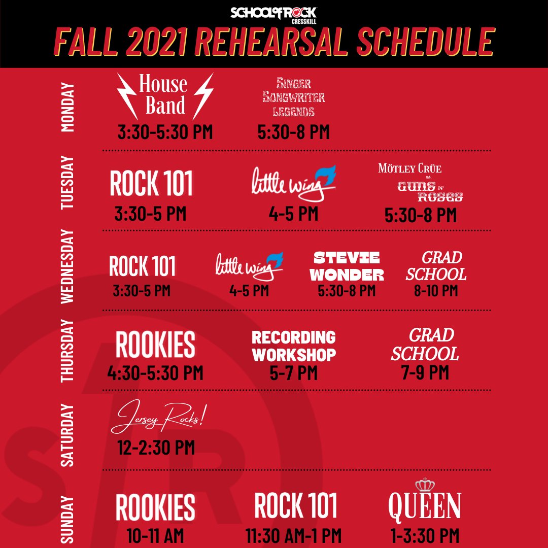 SORcresskill's tweet photo. Have you seen our official Fall 2021 rehearsal schedule!?! Call 201.568.7625 or email cresskill@schoolofrock.com to sign up or schedule your complimentary trial! See you this Fall! 🍂🤘🎶 https://t.co/77sSfJHQeh