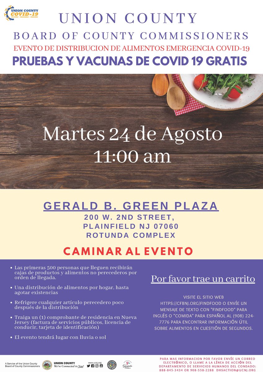 Mark your calendars everyone! This Tuesday at 11:00 a.m. the Union County Board of Commissioners will be hosting a Walk Up Event where they will be distributing free food, covid tests, and vaccines. Arrive early to receive free meals.

#GECC 
#GECCMember 
#Plainfield 
#NewJersey