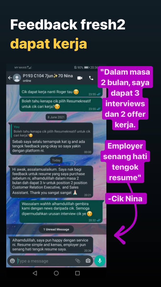 resume_kreatif's tweet photo. 👥Alhamdulillah, Dalam masa 2 bulan saya dapat 3 interview dan 2 offer kerja 😊-Cik Nina
#resumekreatif
#feedbackRK https://t.co/oOjETnyO8r