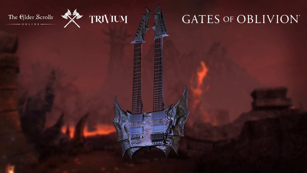bethesda's tweet photo. A chance to win an amazing Dagon-inspired guitar, collaborations with @TriviumOfficial, and special giveaways are coming to the ESO community! Find out everything you need to know here: https://t.co/XV4vqUVMFS 

#AxeOfOblivion #ESORocksOut https://t.co/JLF7lWqNct