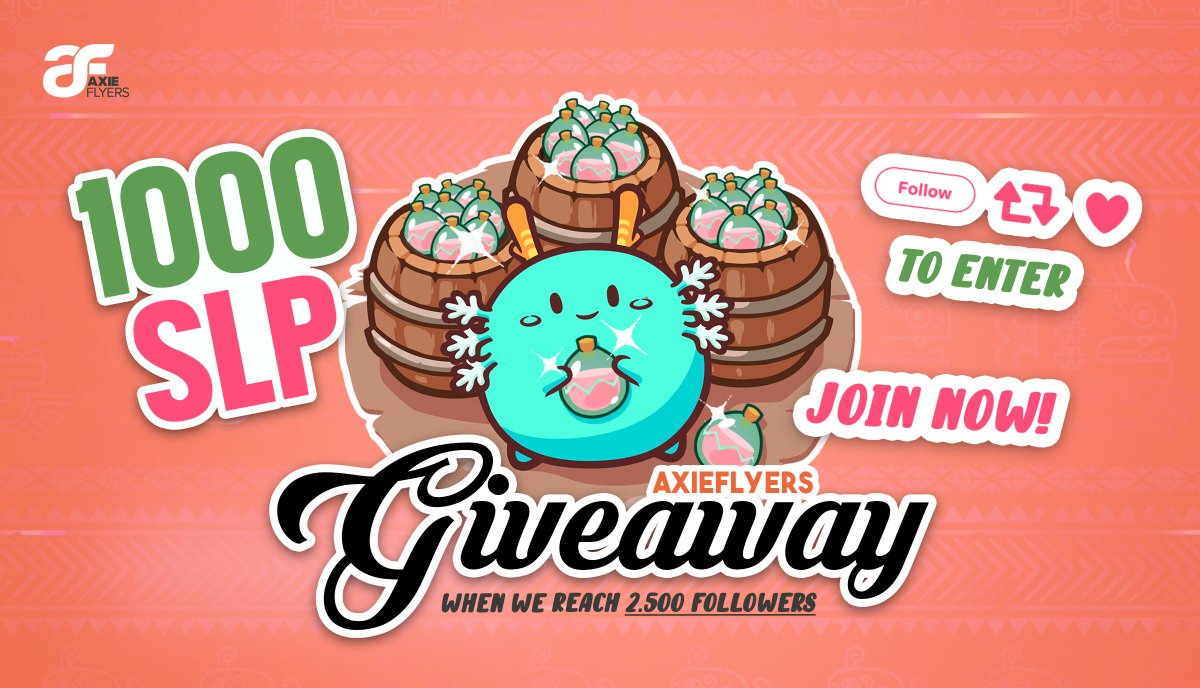 Axieflyers's tweet photo. Competition Time !! 1000 SLP Giveaway !! 

To Stand A Chance 

✅ Retweet 
✅ Follow Twitter : @Axieflyers 
✅ Follow Instagram : https://t.co/5tg3s5RfVN
✅ Tag 3 Friends 

Let’s Fly 🚀🚀🚀 

#axie #axieinfinty #Axiescholarship #competition https://t.co/xDrW142aBg
