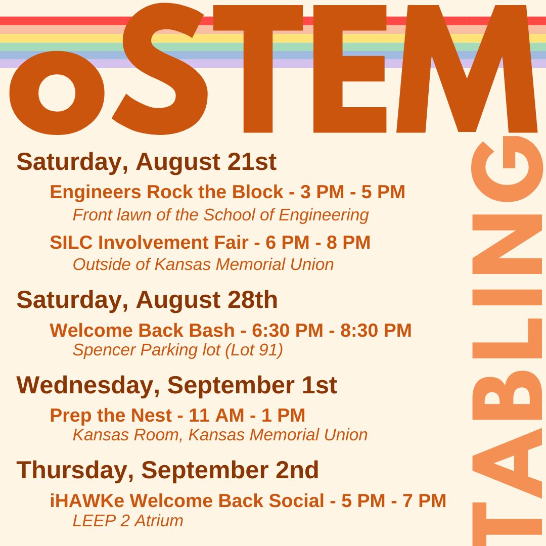 oSTEMatKU's tweet photo. New semester means new tabling events! Catch us at any of these events and learn more about what oSTEM has to offer 🥳 https://t.co/kd8osVHTLQ