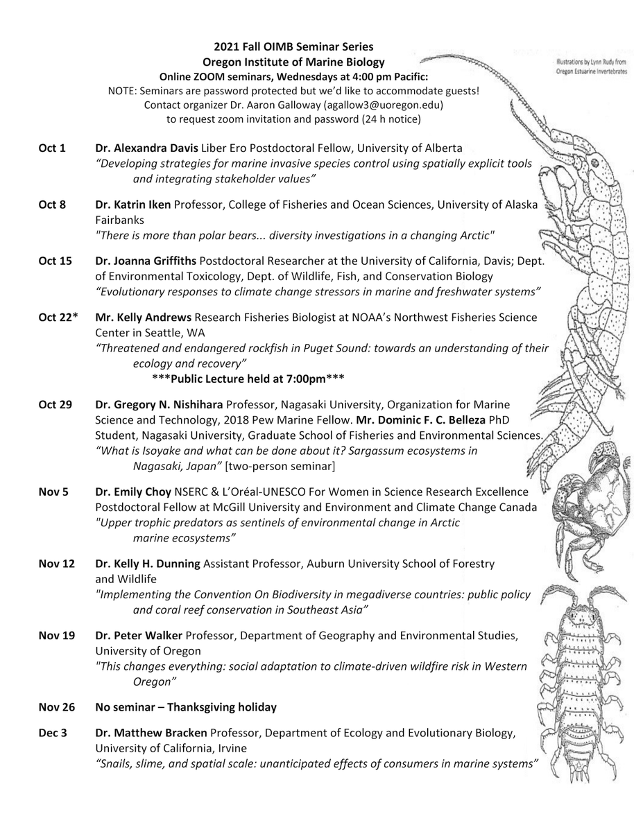 UO_OIMB's tweet photo. We are pleased to share our Fall 2021 #OIMB seminars via Zoom! Generally Fridays, 4 pm Pacific starting in October. To attend, please email the series organizer, Dr. Aaron Galloway [agallow3@uoregon.edu] with at least 24 hours notice, for a zoom link and password. https://t.co/lz6YhjuPBI