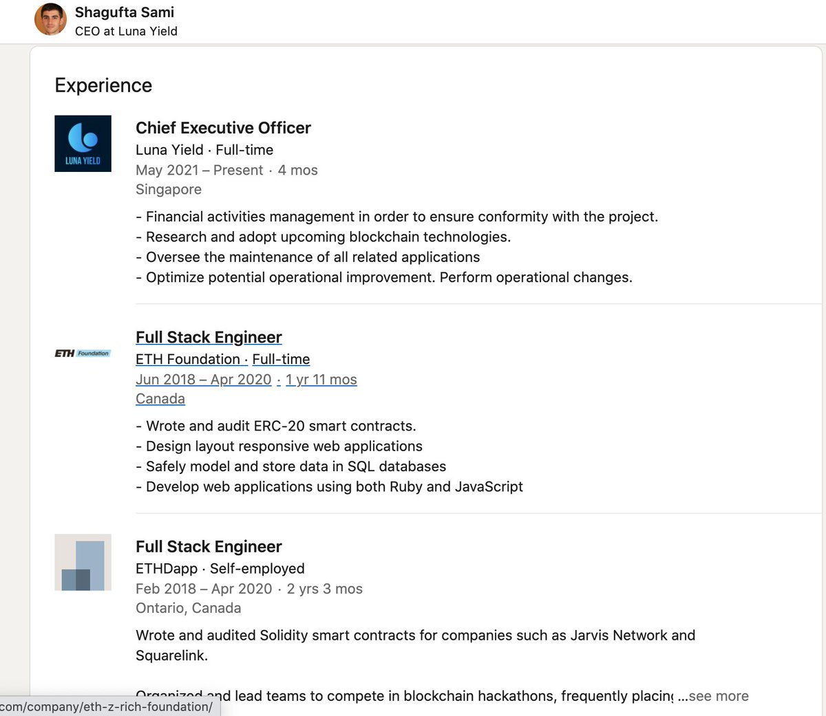 <a href="/defiyield_app/">Defi</a> @Luna_Yield <a href="/FinanceSolpad/">SolPAD</a> I am not sure if this information is real or fake but there is the CEO of @luna_yield on Linked In.

linkedin.com/in/shagufta-sa…

<a href="/FinanceSolpad/">SolPAD</a>
<a href="/solana/">Solana</a>
<a href="/SBF_FTX/">SBF</a>