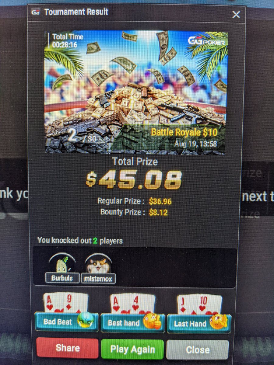 Therealjasonpa4's tweet photo. Couldn't close it out today #secondplacefirstloser #BattleRoyale #GGPoker https://t.co/Begy6Ee3WC