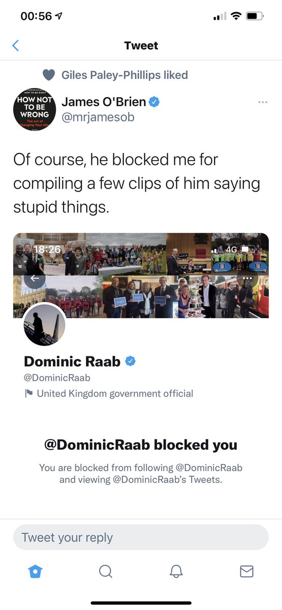 BradShackleton's tweet photo. @DominicRaab @mrjamesob Raab, you absolute coward!!  To block a highly reputable and recognized UK journalist irrespective of his views makes you both the smallest and the most spineless man I have ever ever met!  Shame on you. #coward #resign https://t.co/IRWNAYrL9d