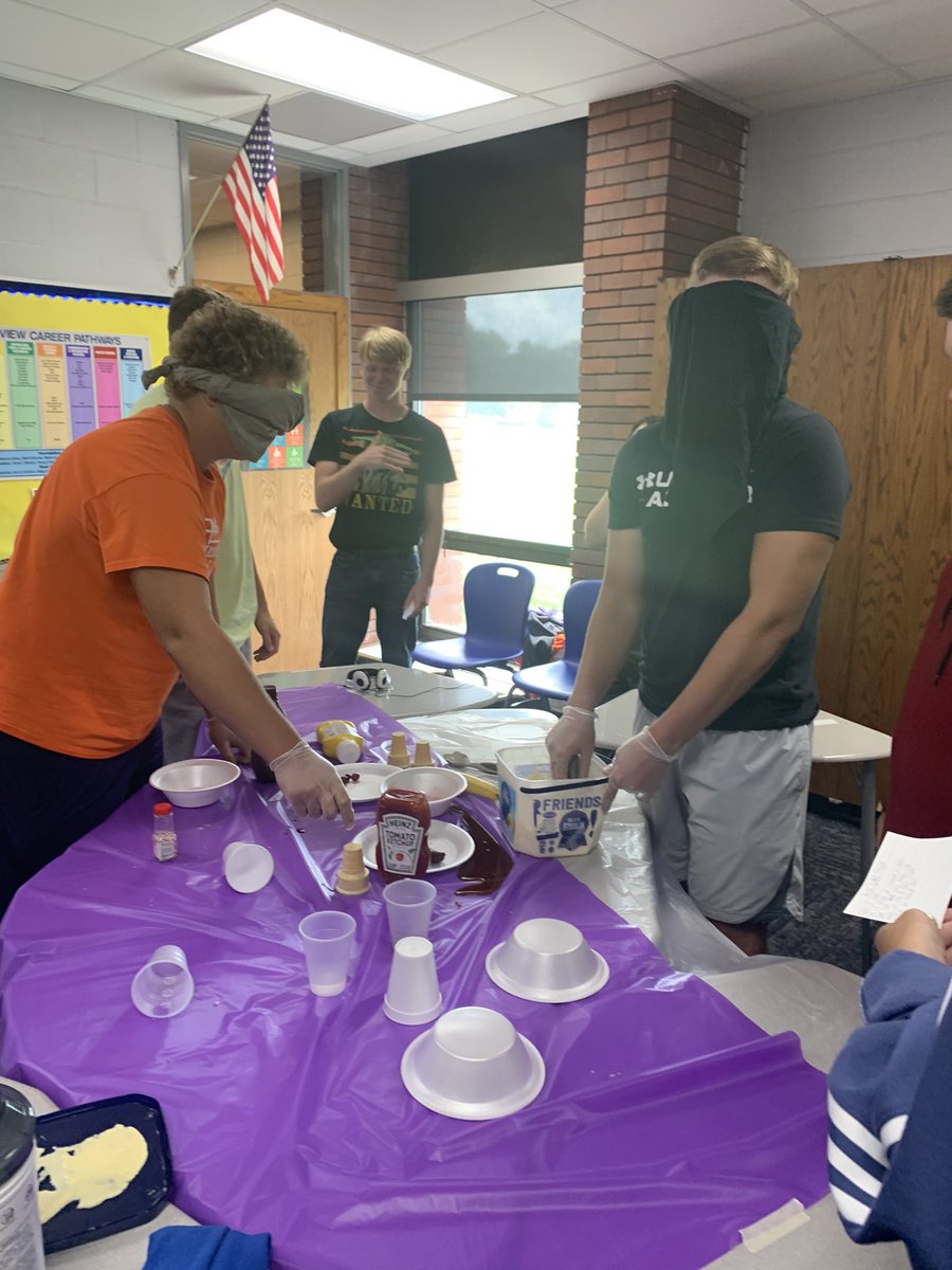 TaraDlouhy's tweet photo. A fun engaging lesson on the first full day of school⦠yes please! Messy-yup! Costly-yup! Worth every second-yup! Excited to see what Careers class has in store this year! #teachsoftskills #blindmonkey #deafmonkey #mutemonkey #teamwork #problemsolving #communication https://t.co/stY1szBuWe