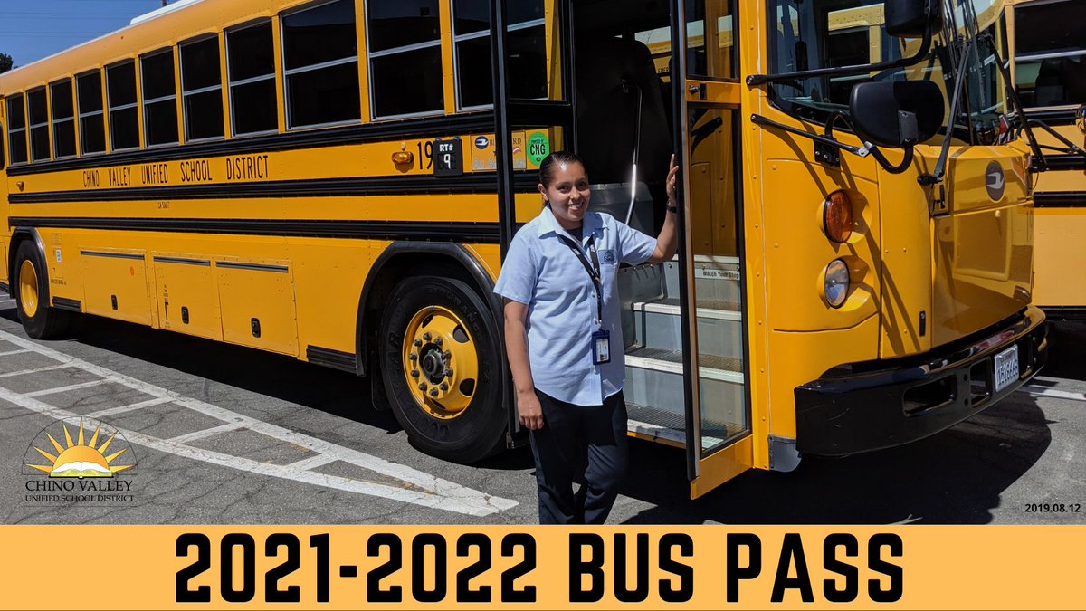 Beginning 8/26/21, #students who do not provide a current #CVUSD #buspass will not be eligible to board and ride the district bus. But don’t worry, there’s still time to submit your app! Please visit chino.k12.ca.us/Page/21722 or call 909-628-1201 x1525 to learn more. Safe travels!