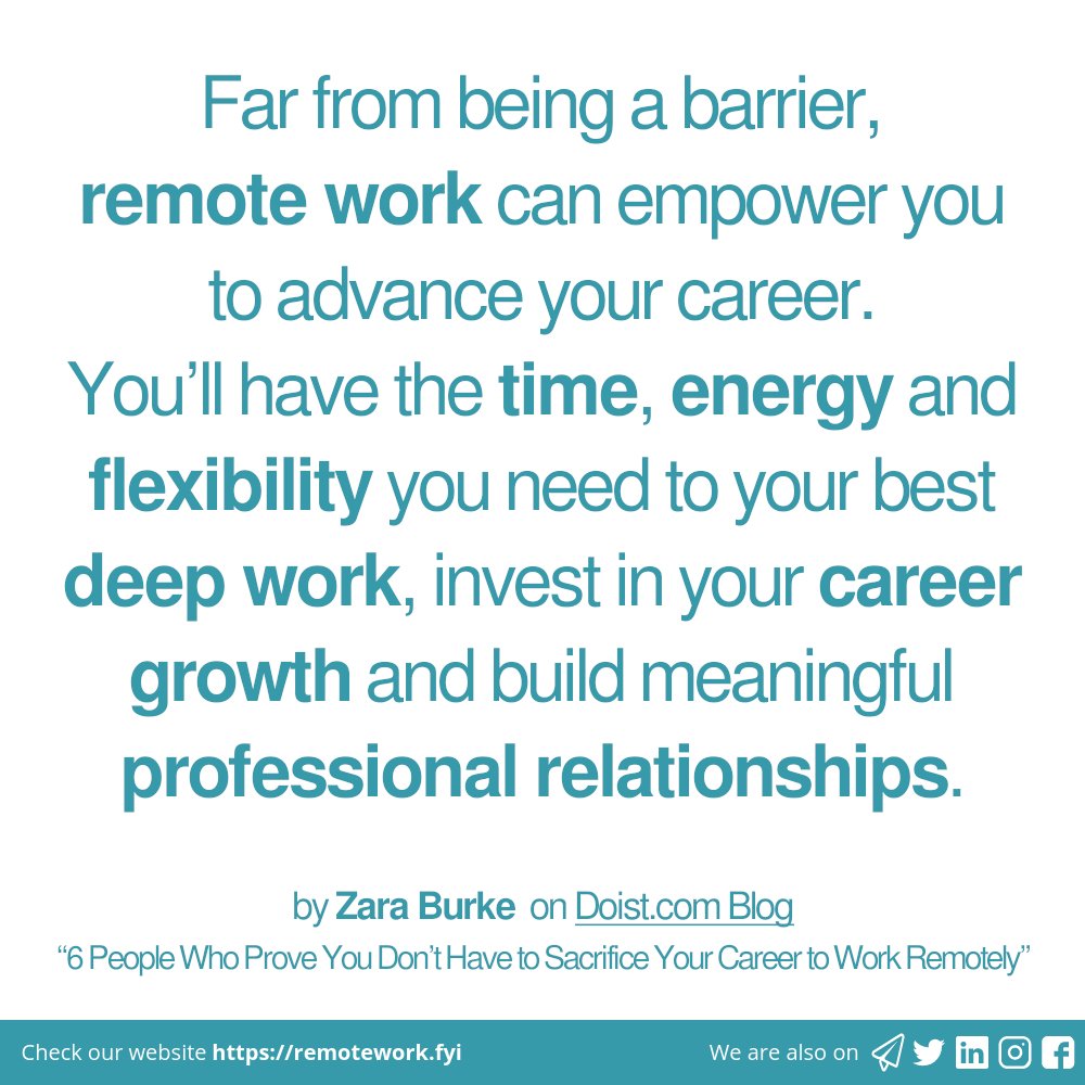 remotework_fyi's tweet photo. Far from being a barrier, remote work can empower you to advance your career. You’ll have the time, energy and flexibility you need to your best deep work, invest in your career growth and build meaningful professional relationships. https://t.co/ZKst6azPsI