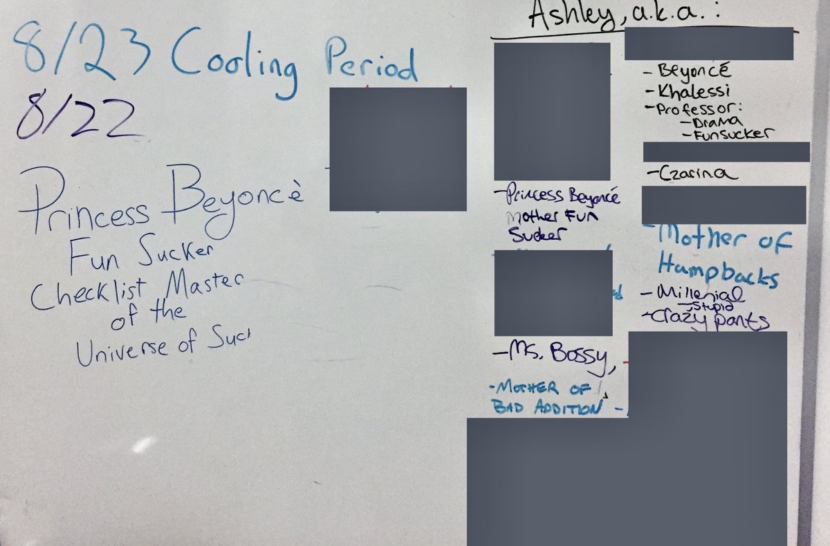 ashleygjovik's tweet photo. I'm still wrestling with the #Apple ER issue confirm doc.
I told ER that my 2015 team filled whiteboards with nicknames they'd give me &amp; I had many pics.
I said many nicknames were offensive.
Why do I need to provide context on why I'm offended by being called "Prof Fun Sucker"? https://t.co/Ikegwjy4AR