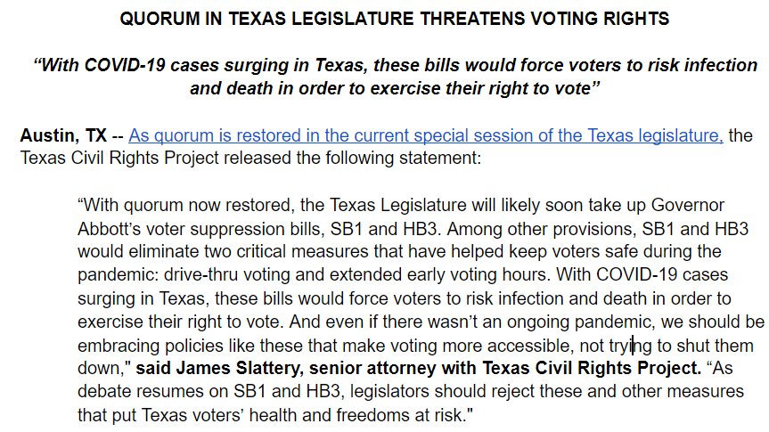 TXCivilRights's tweet photo. The Texas House has regained a quorum following the courageous efforts by 57 members of the TX Democratic Caucus to secure federal action on voting rights legislation. With quorum now restored, #txlege will soon take up Gov. Abbott’s anti-voter bills, SB1 &amp; HB3. Our statement 👇🏽 https://t.co/BqMd6vRnVC