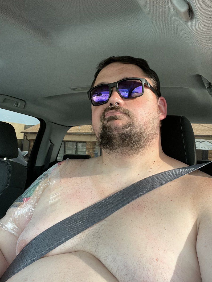 StoryBear14's tweet photo. What do you do when you snagged a last minute tattoo appointment and don’t want to ooze on your work shirt during the drive home? Embrace your inner redneck and drive home shirtless. #bear #bi #bibear #pan #panbear #chub #beard #bisexual #pansexual https://t.co/ENu3hr76tS