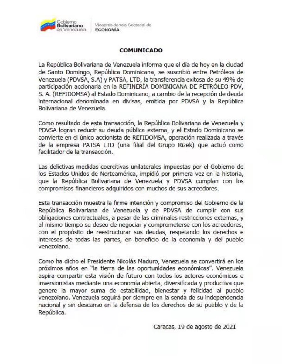 delcyrodriguezv's tweet photo. Hoy culminó exitosamente la negociación entre @PDVSA y #PATSA, LTD para el traspaso de su participación accionaria en #REFIDOMSA. Venezuela con esta operación redujo su deuda externa en divisas tanto de la República como de PDVSA. Ningún bloqueo criminal detendrá a nuestra patria https://t.co/8VYkrxFcMe