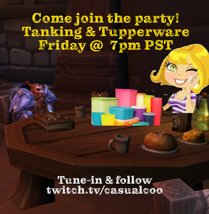 CasualCoo's tweet photo. What are you doing Friday? Join @CasualCoo for Tanking & Tupperware! Dungeon runs & #Tupperware! Yep you read that properly! #worldofwarcraft #warcraft #forthecasual #forthetupperware #tupperware @ShoutGamers https://t.co/h6RxpeUjAD