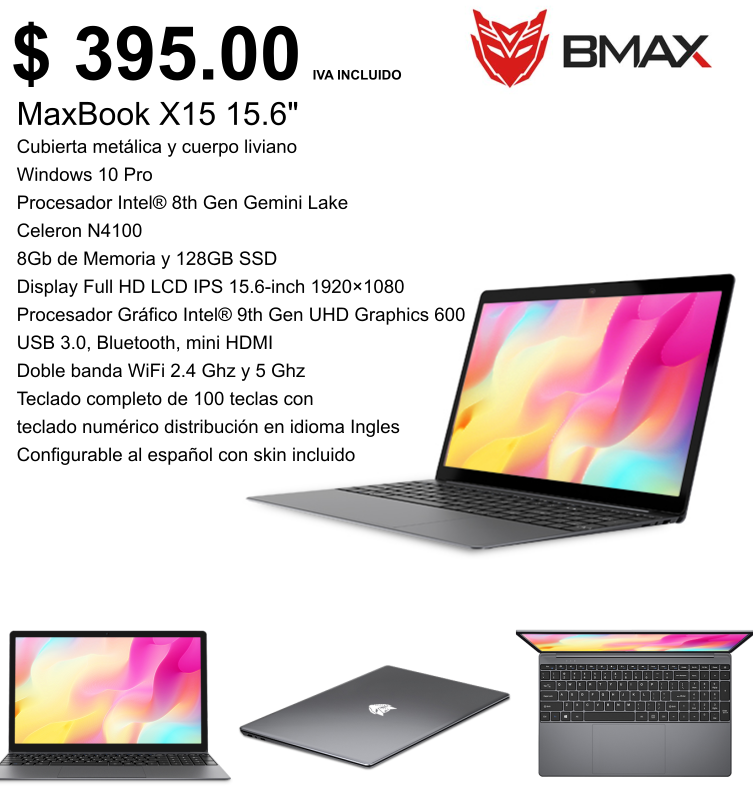 BmaxSv's tweet photo. La laptop BMax MaxBook X15 es ideal para trabajo de oficina, estudio o trabajo desde casa o divertirte en redes sociales, amplia pantalla UHD de 15.5", precio de introducción $395.00 IVA incluido y un año de garantía local ¿Qué esperas para hacerte de tu laptop? ventas@bmaxsv.com https://t.co/1nmFCPCEdv