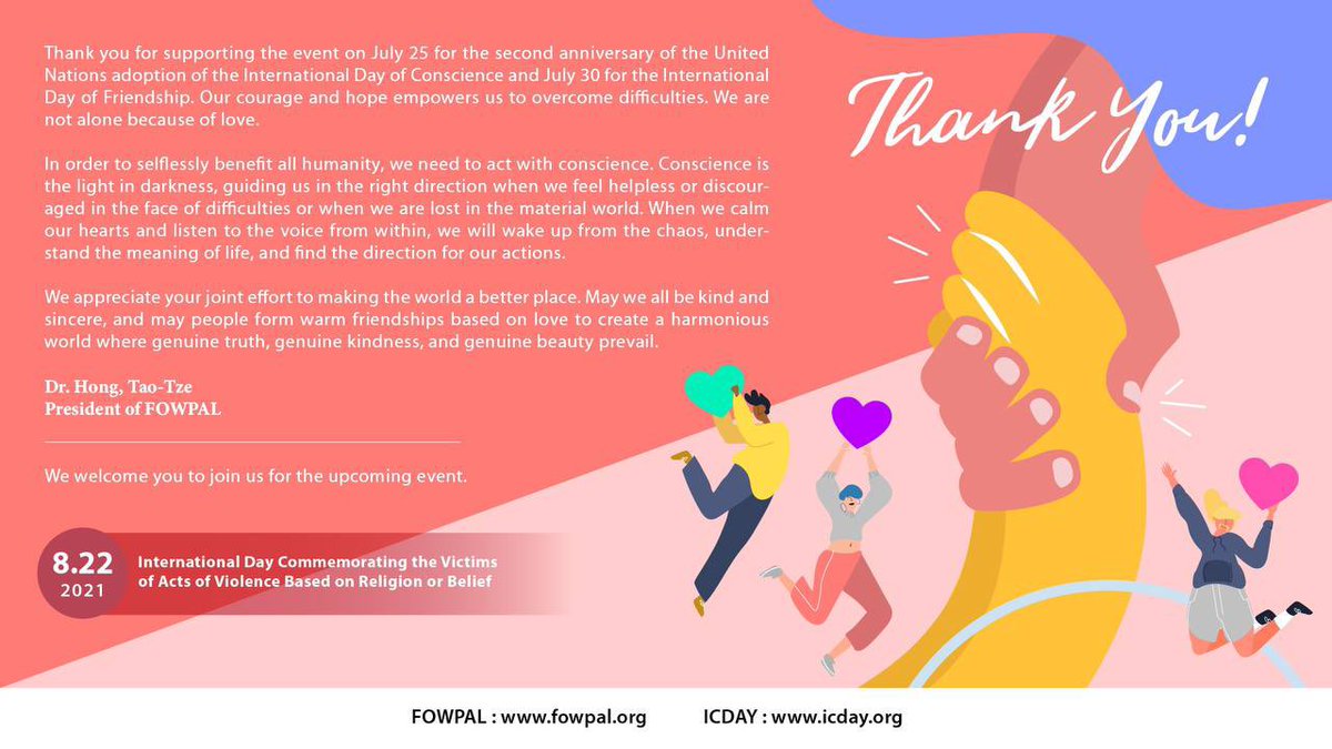 icday2020's tweet photo. 💞Thank you to everyone who came out to support ICDAY's July events and the World Humanitarian Day observance. We'll see you all at the next event on August 22nd.
Let's #ChangeTheWorldWithConscience https://t.co/YZuRrcOq32