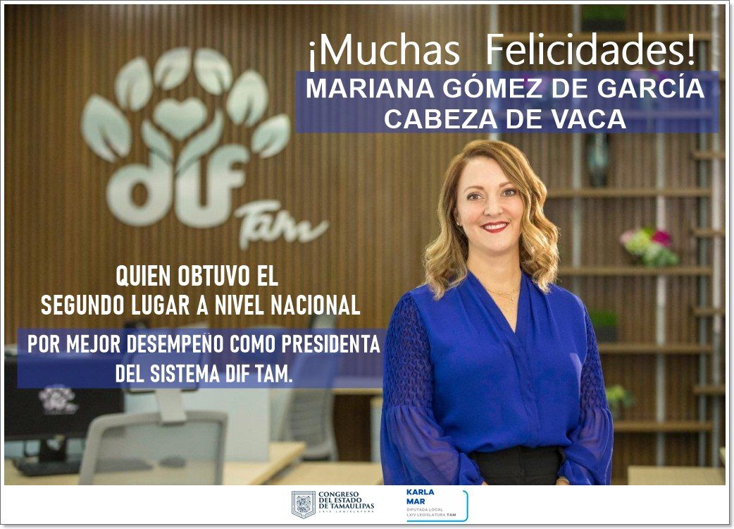 El alto compromiso y acciones a favor de las familias tamaulipecas son reconocidos nuevamente a nivel nacional, mi felicitación para la señora Mariana Gómez de García Cabeza de Vaca y al personal del <a href="/dif_tam/">DIF Tamaulipas</a>, son un gran orgullo para nosotros.

#CongresoTam #64Legislatura #KM