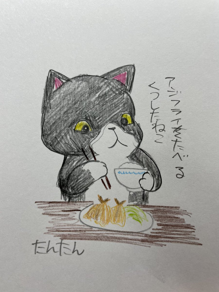 アジフライを食べるくつしたねこ

#イラスト #猫 