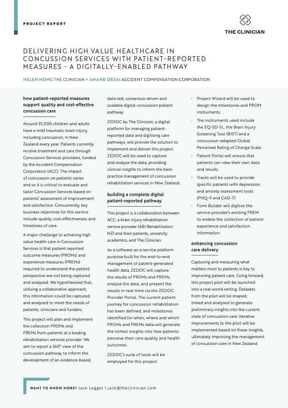 theclinicianpro's tweet photo. We are proud to be providing ABI Rehabilitation NZ and @ACCNZ with a digital care pathway that helps them measure, analyse, and improve concussion care from the patient's perspective.
For information about the project, read the report below.
#digitalcarepathways #proms #prems https://t.co/4gyFJhAR9B