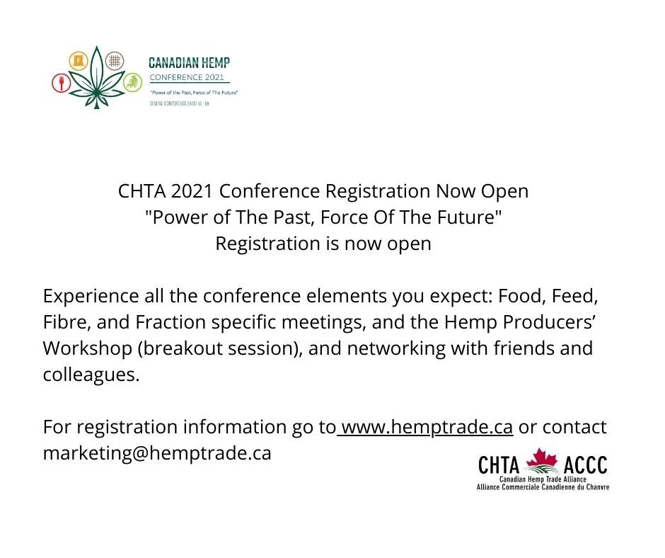 CanadaHemp's tweet photo. CHTA 2021 National Conference registration is now open #hemp #hemptrade #canadahemp https://t.co/nL8zkjfuiF